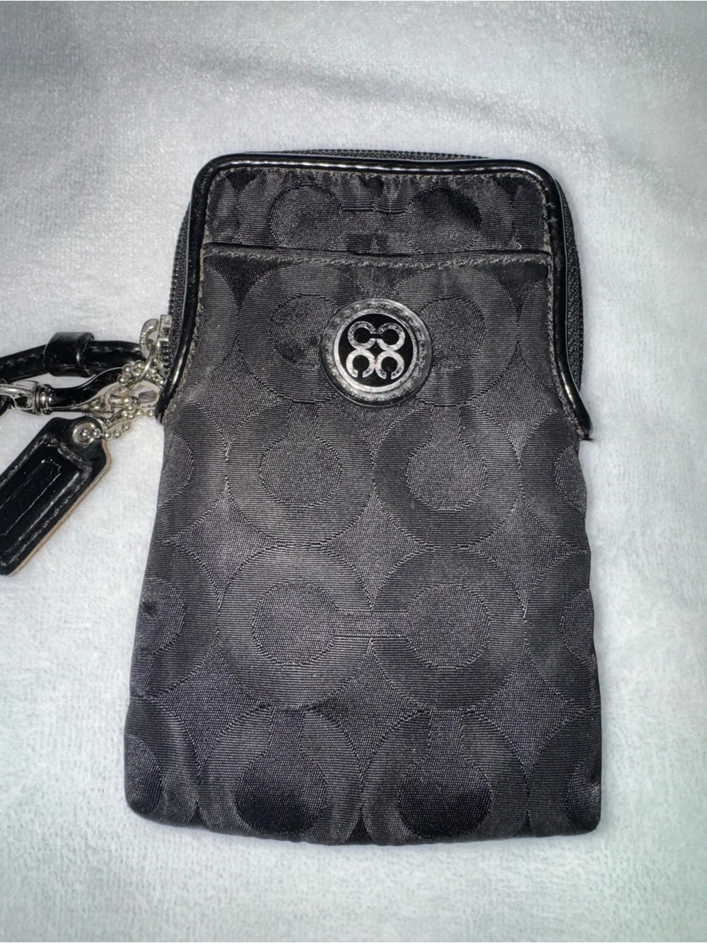 Coach Black Signature Jacquard Wristlet Pouch with Silver Emblem